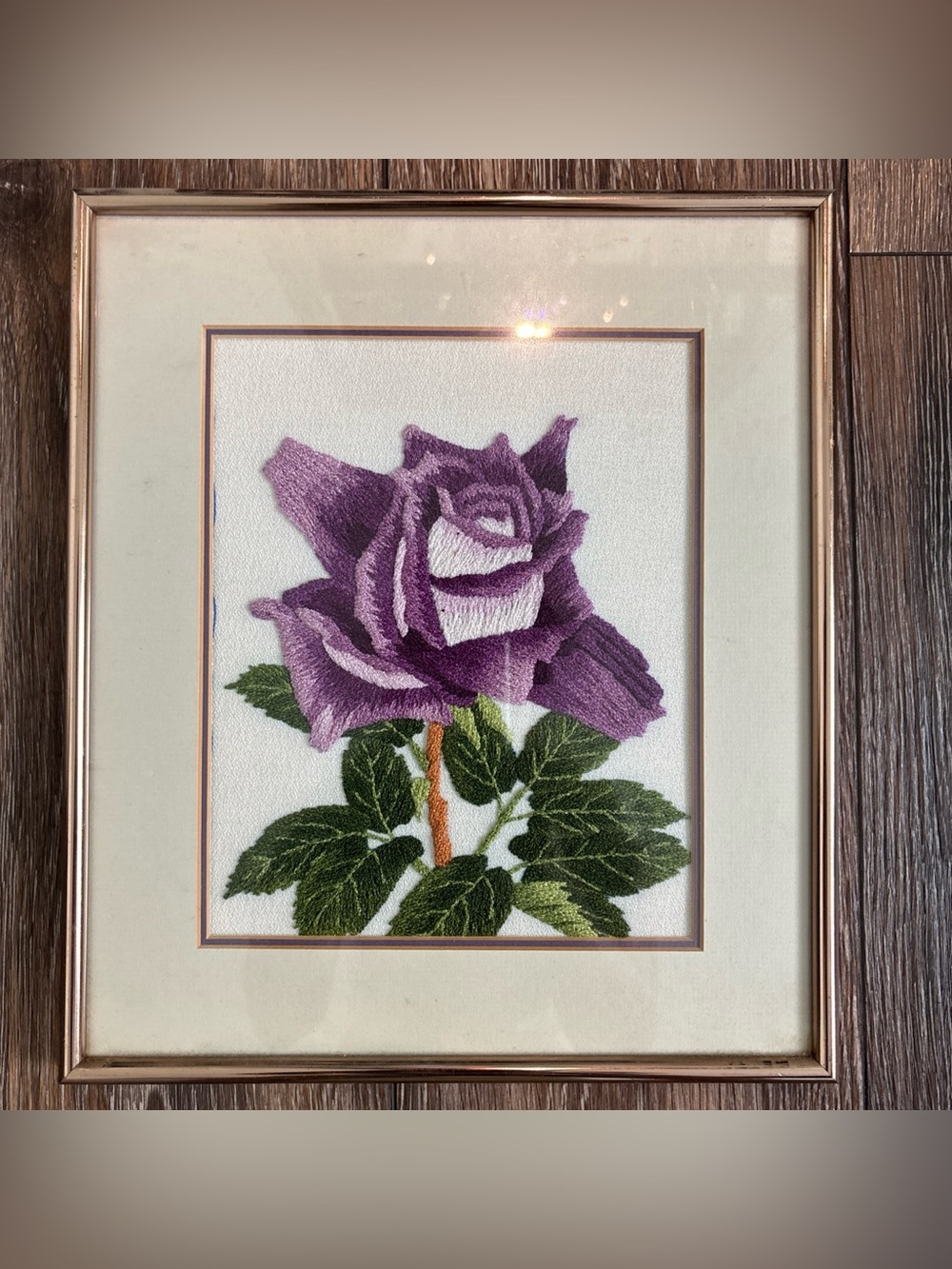 Purple Rose Embroidered Wall Art Framed Floral Accent